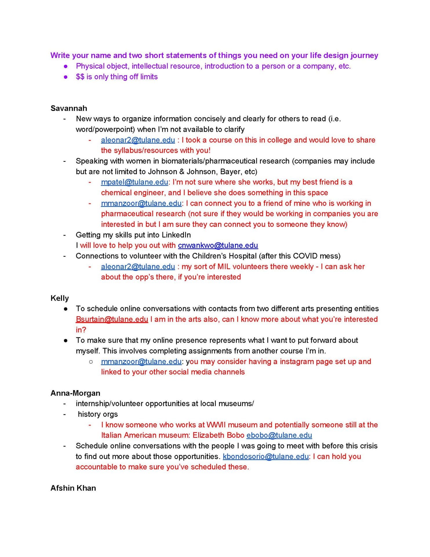 Screenshot of the google doc with different participants’ needs and referrals