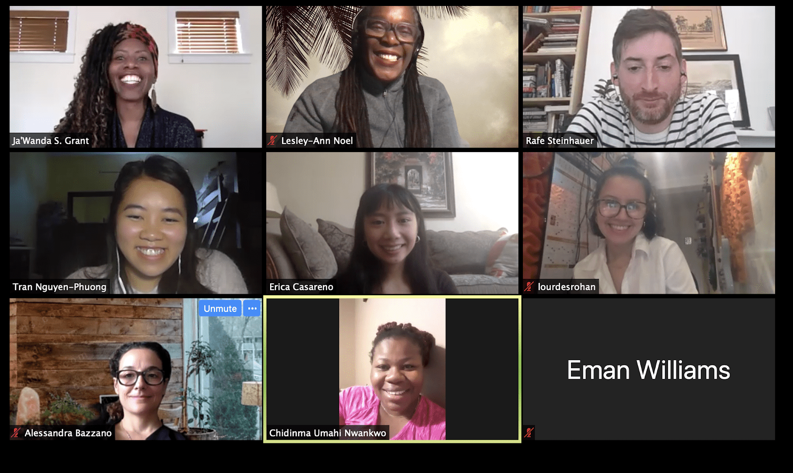 9 participants smiling on a zoom call.