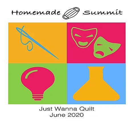 Homemade Mask Summit Logo With Illustrations Of Sewing Needle, Lightbulb, Masks, And An Erlenmeyer Flask.