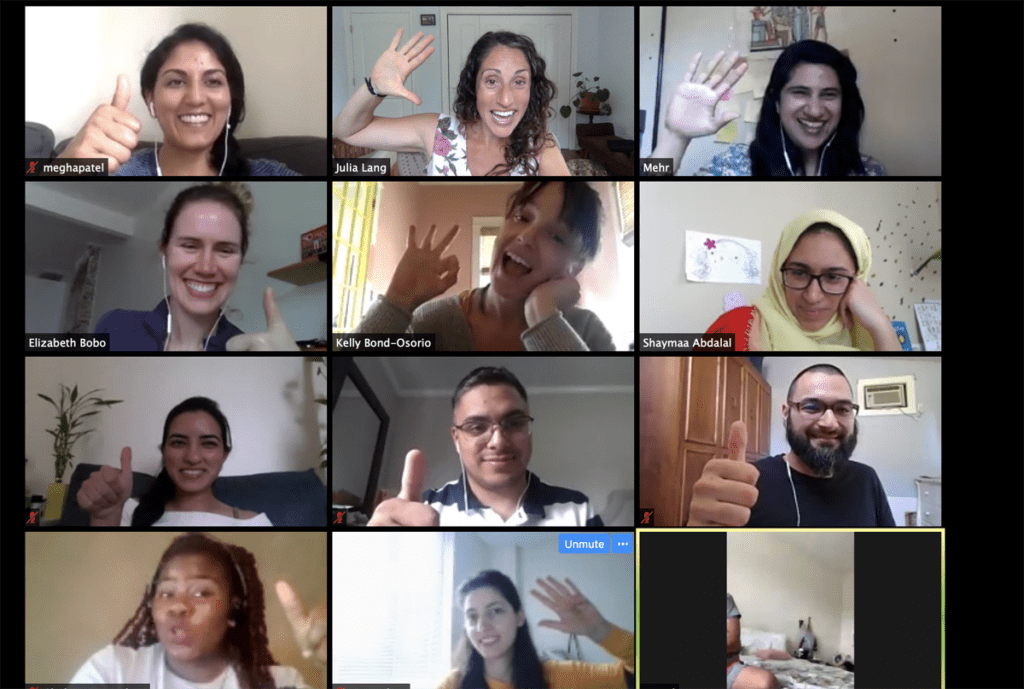 Students and instructors smiling in a screenshot of a zoom meeting.