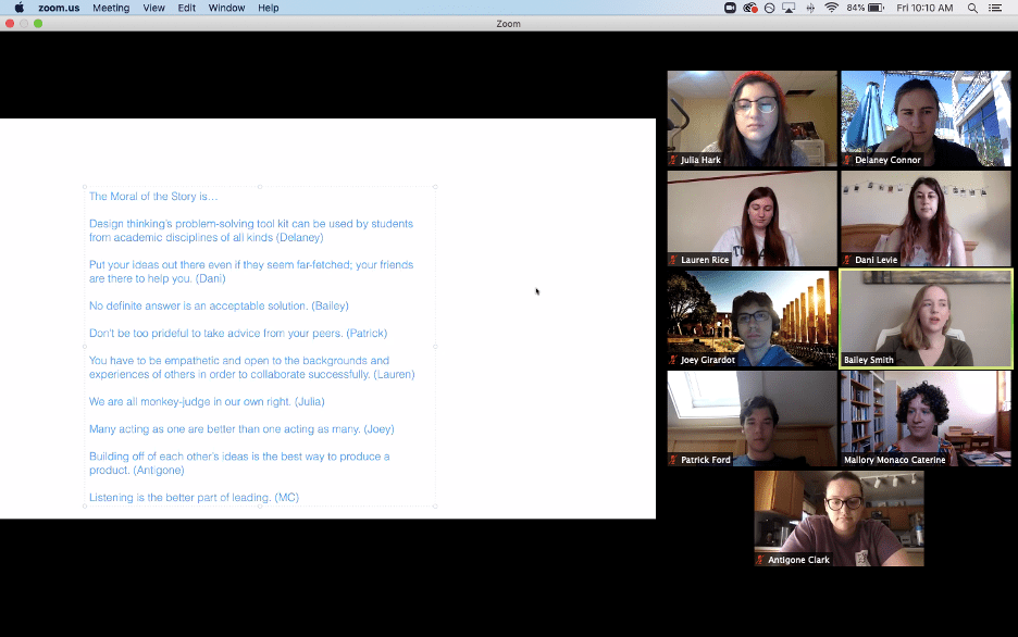 Screenshot of students presenting on zoom.