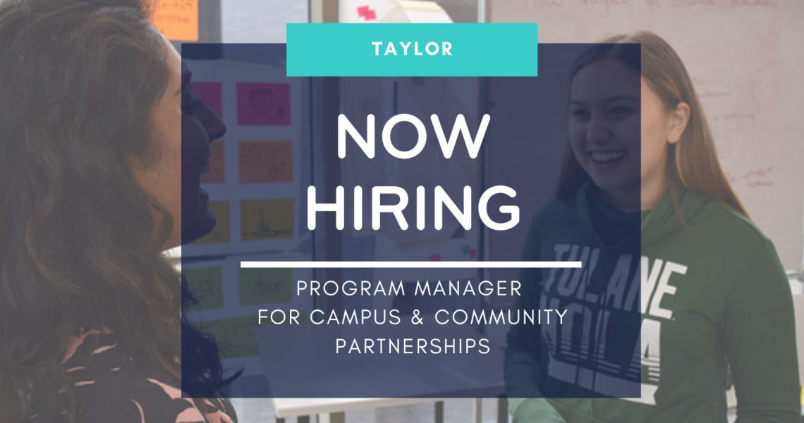 Image Featuring Two Individuals Smiling And Chatting. The Words Read Now Hiring Program Manager For Campus And Community Partnerships